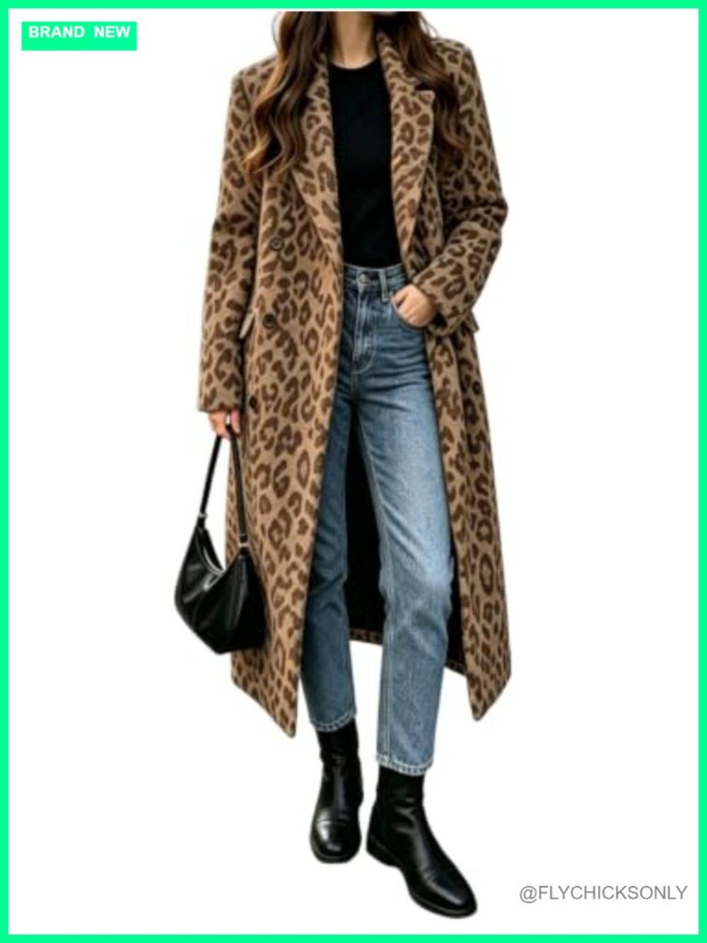 Wool Blend Leopard Print Long Pea Coat Double Breasted Notch Lapel Flap Pockets